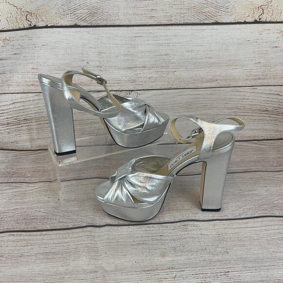 Jimmy Choo Heloise 120 Nappa Womens Sz EUR 37 US 7 Platform Sandal Heels Silver - Picture 2 of 9